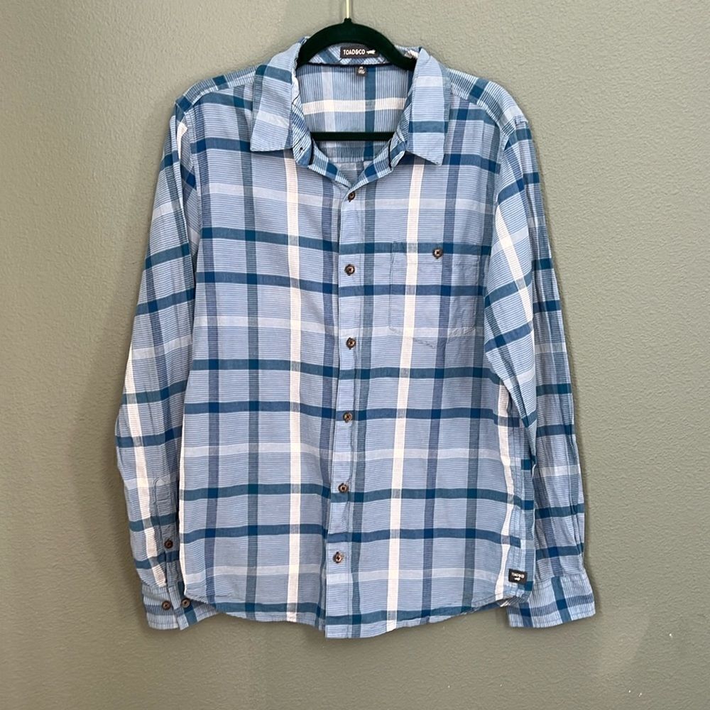 Toad&Co Mens Cuba Libre LS Button Shirt Blue Plaid Organic Cotton Size M